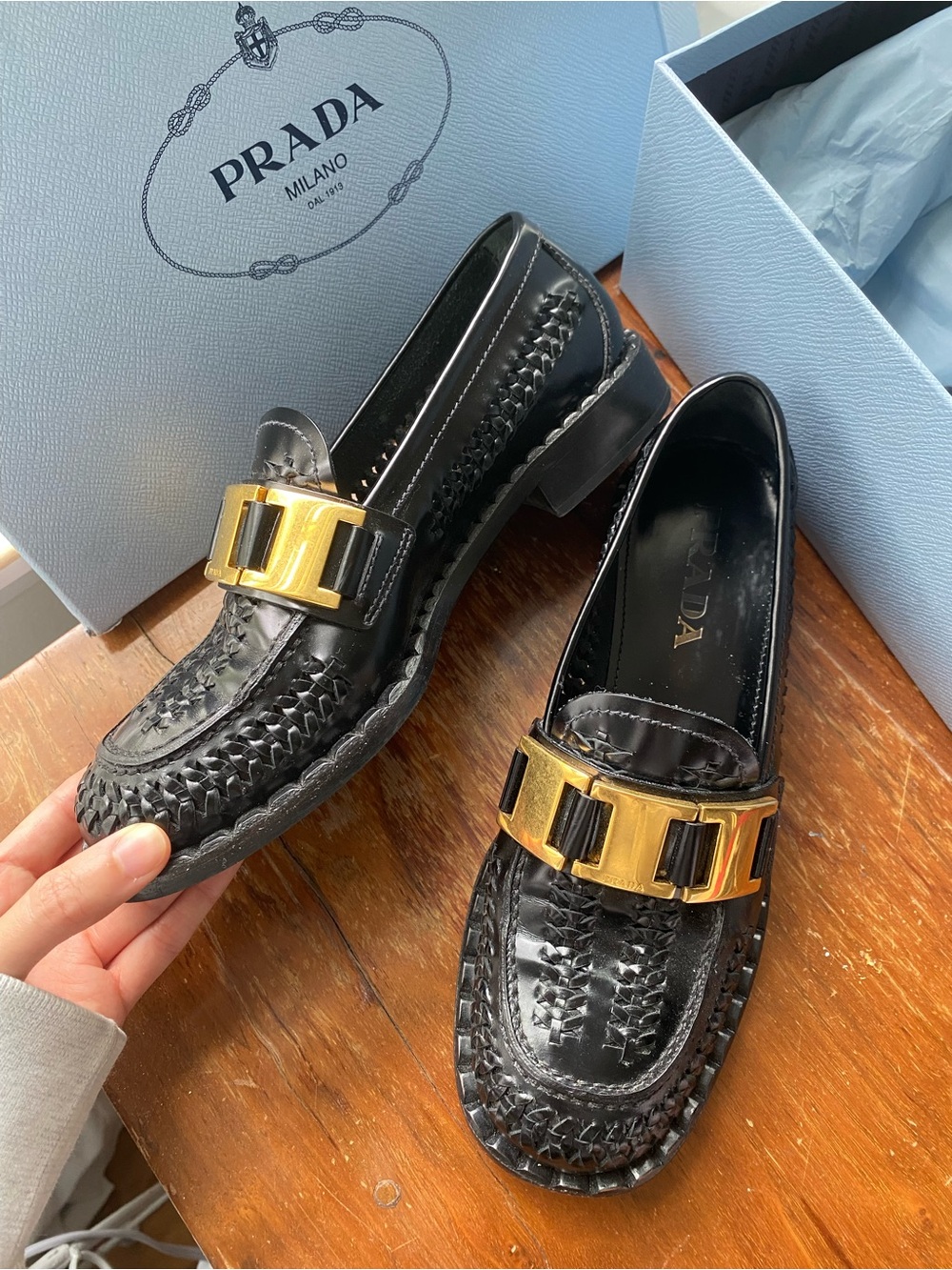 Prada Black Woven Leather Loafers with Gold Hardware - Picture 3 of 5